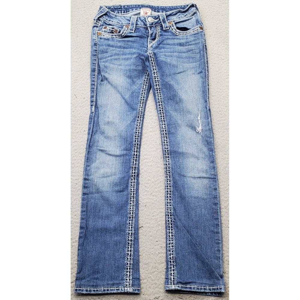True Religion World Tour Jeans Youth 24 Blue Whiskered Distressed Straight Leg